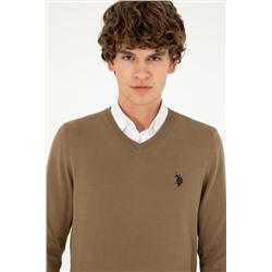 Erkek Slim Fit V Yaka Haki Basic Kazak