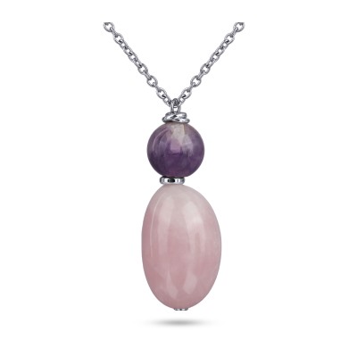 Кулон Терра (аметист 18мм, розовый кварц 38х26мм; покрытие родий) 90см, Есть комплект