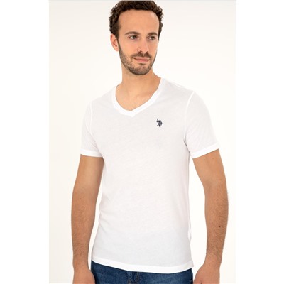 Erkek Slim Fit V Yaka Beyaz Basic Tişört