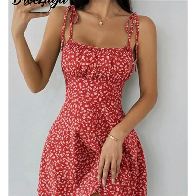 Breezaya Women's Ditsy Floral Ruched Bust Tie-Front Crop Cami Mini Dress