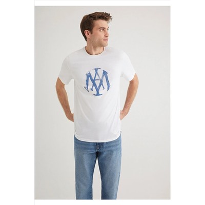 Mavi Mühür Logo Baskılı Beyaz Tişört Slim Fit / Dar Kesim 065109-620