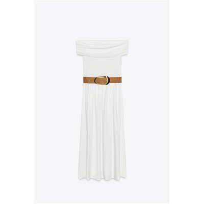 OFF-THE-SHOULDER CONTRAST MIDI DRESS WITH BELT