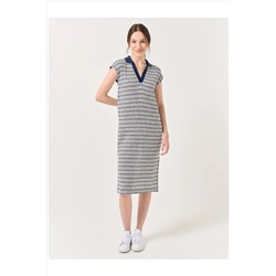 Jimmy Key Lacivert Polo Yaka Kolsuz Desenli Midi Elbise 23SE030098