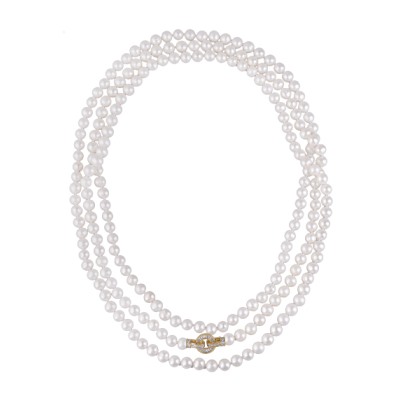 Колье (жемчуг белый 8-9мм, фианиты; покрытие золото) 200см, Есть комплект