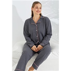 Siyah İnci antrasit somon Curve Büyük Beden Battal boy Düğmeli Biyeli Pamuklu Pijama Takımı 7600