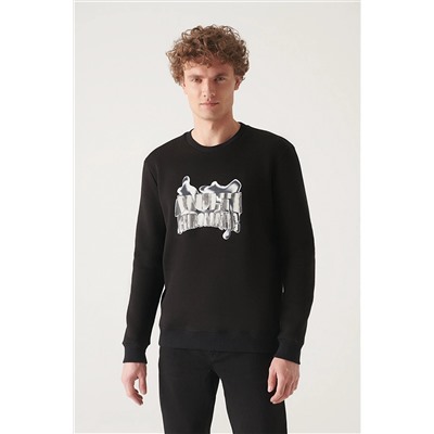 Avva Erkek Siyah Bisiklet Yaka 3 Iplik Içi Polarlı Hologram Baskılı Standart Fit Normal Kesim Sweatshirt A22Y1243