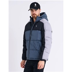 TRI COLOR BLOCK HOODED PUFFER JACKET