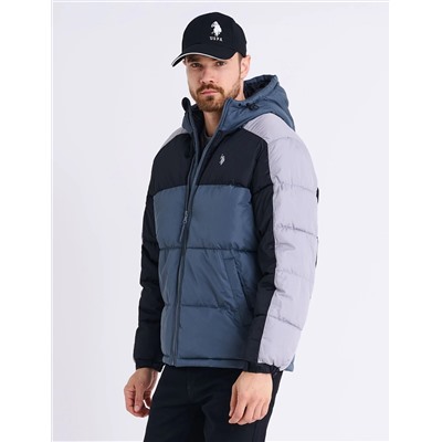 TRI COLOR BLOCK HOODED PUFFER JACKET