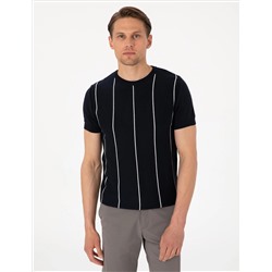 Lacivert Slim Fit  Bisiklet Yaka Çizgili Triko Tişört