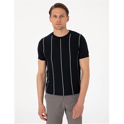 Lacivert Slim Fit  Bisiklet Yaka Çizgili Triko Tişört