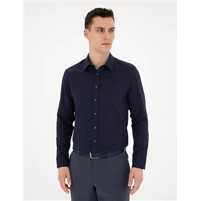 Lacivert Slim Fit Armürlü Uzun Kollu Gömlek
