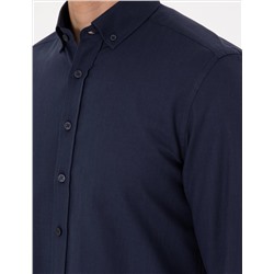 Koyu Lacivert Keten Görünümlü Slim Fit Uzun Kollu Gömlek
