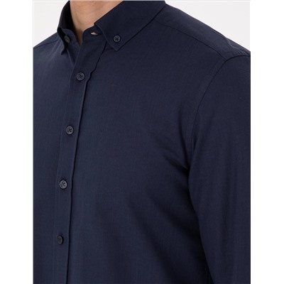 Koyu Lacivert Keten Görünümlü Slim Fit Uzun Kollu Gömlek
