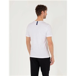 Beyaz Slim Fit Baskılı Bisiklet Yaka Tişört