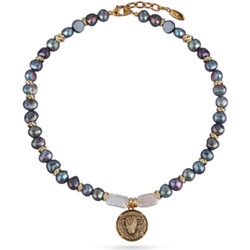 Колье Телец (жемчуг бензиновый 7-8мм; античное золото, золото) 49см, Есть комплект