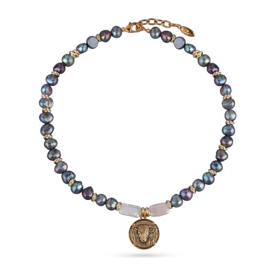 Колье Телец (жемчуг бензиновый 7-8мм; античное золото, золото) 49см, Есть комплект