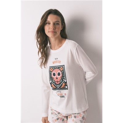 Pijama largo 100% algodón "Día de muertos" marfil