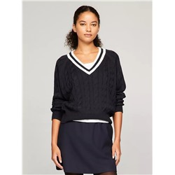 Cable Knit Varsity V-Neck Sweater