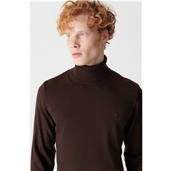 Kahverengi Tam Balıkçı Yaka Tüylenmeyen Triko Kazak