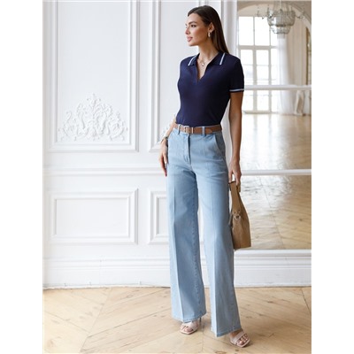 Джемпер с воротником-поло с коротким рукавом тонкой вязки из вискозы