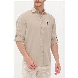 Erkek Haki Keten Görünümlü Basic Gömlek