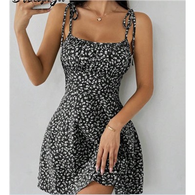 Breezaya Women's Ditsy Floral Ruched Bust Tie-Front Crop Cami Mini Dress