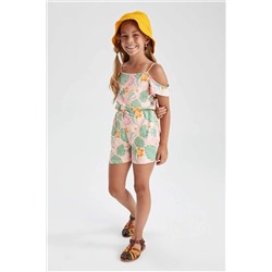 Kız Çocuk Regular Fit Batik Desenli Askılı Pamuklu Penye Yazlık Kısa Tulum