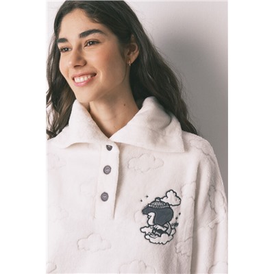 Pijama largo polar gris estampado nubes