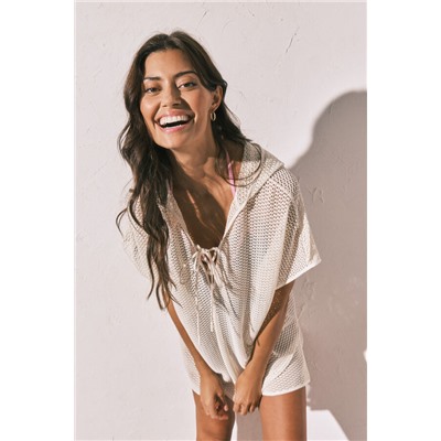 Túnica corta capucha efecto red beige