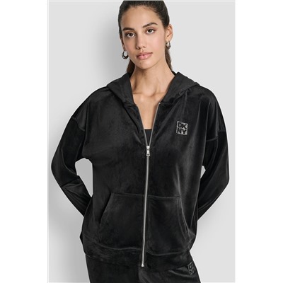 VELOUR RHINESTONE TWO TONE LOGO FULL ZIP HOODIE