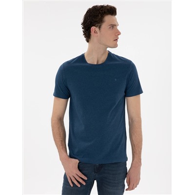 İndigo Melanj Pamuk Karışımlı Slim Fit Bisiklet Yaka Basic Tişört