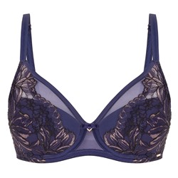 W26-0312-07-DCF-LY Bra, Бюстгальтер с полудублированной поролоновой чашкой на каркасной поддержке. Чашка декорирована эластичным кружевом. Чашка с внутренней стороны выполнена из хлопка. Стан выполнен из эластичной сетки и декорирован кружевом., синий, 85% полиамид, 15% эластан