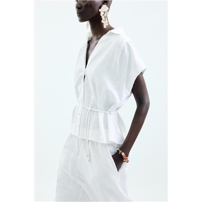 LINEN BLEND BELTED BLOUSE