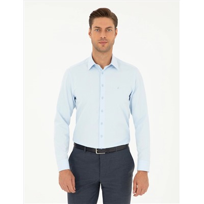 Açık Mavi Slim Fit Armürlü Uzun Kollu Gömlek