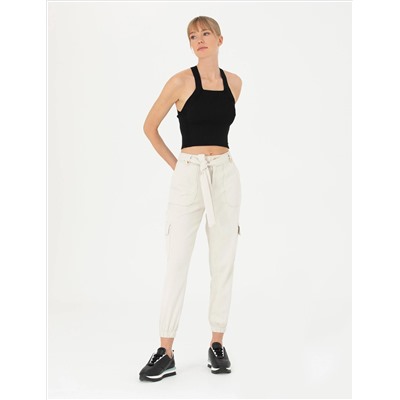 Krem Keten Karışımlı Jogger Fit Kanvas Pantolon