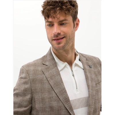 Açık Kahverengi Slim Fit Yün Keten Karışımlı Ekose Ceket