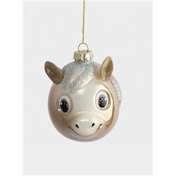 Игрушка елочная, 7x8 см, стекло, бежевая, Лошадка с блестящей гривой, New year