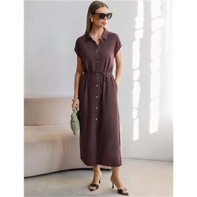 Длинное платье-рубашка с поясом и разрезами изо льна с вискозой