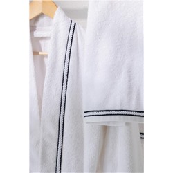 Rouen %100 Pamuk Unisex Bornoz - Beyaz/Lacivert - Lüks Koleksiyon