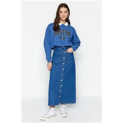 TRENDYOL MODEST Koyu İndigo Çift Cepli Yüksek Bel Denim Kot Etek TCTSS23EE00002