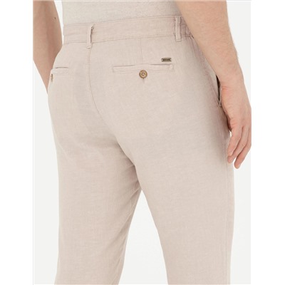 Bej Slim Fit Keten Karışımlı Kanvas Pantolon