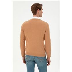 Erkek Slim Fit V Yaka Camel Melanj Basic Kazak