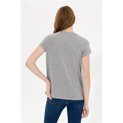 Kadın Gri Melanj Bisiklet Yaka Tişört