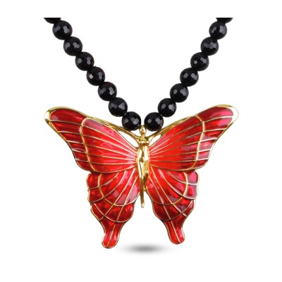 Колье Бабочка (эмаль красная, агат; покрытие золото) 40-45см, Есть комплект
