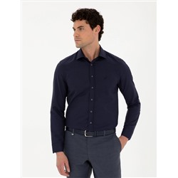 Lacivert Slim Fit Armürlü Uzun Kollu Gömlek