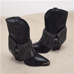 Крутые кожаные короткие сапоги с кисточками из страз на толстом каблуке в ковбойском стиле