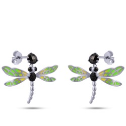 Серьги Стрекоза (эмаль зеленая, желтая, агат; покрытие матовый родий), Есть комплект