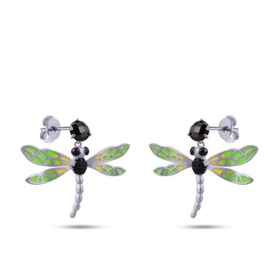 Серьги Стрекоза (эмаль зеленая, желтая, агат; покрытие матовый родий), Есть комплект