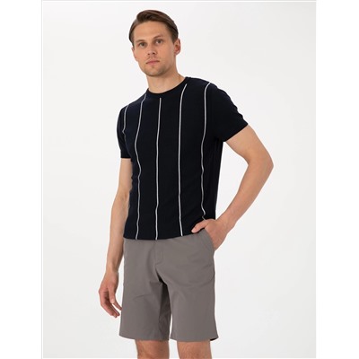 Lacivert Slim Fit  Bisiklet Yaka Çizgili Triko Tişört