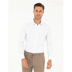Beyaz Slim Fit Armürlü Uzun Kollu Gömlek